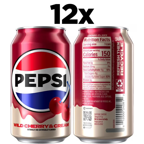 Pepsi Wild Cherry & Cream Soda – 12 fl oz Cans, 12 Pack