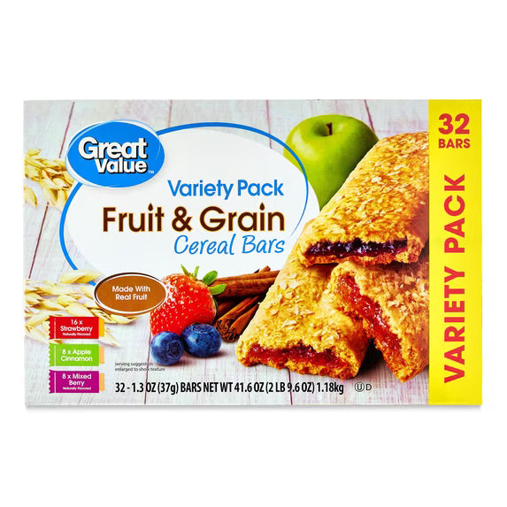 Fruit & Grain Cereal Bars Variety Pack – 32 Count | Strawberry, Apple & Mixed Berry